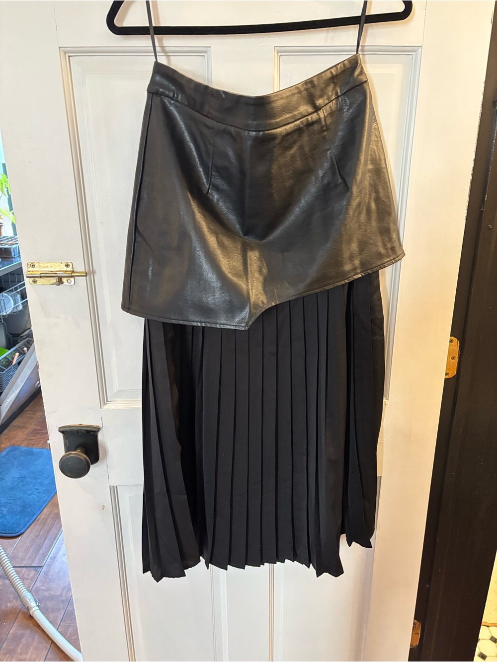 Black Faux Leather Asymmetrical Pleated Skirt - Women's